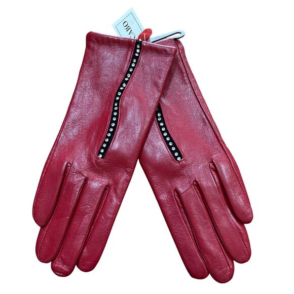 NEW old stock red leather gloves with rhinestone details size S Picabo brand - Picture 1 of 7